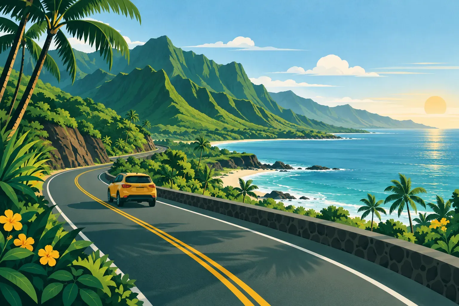 A coastal road with palm trees and green volcanic mountains, a typical landscape of Hawaii