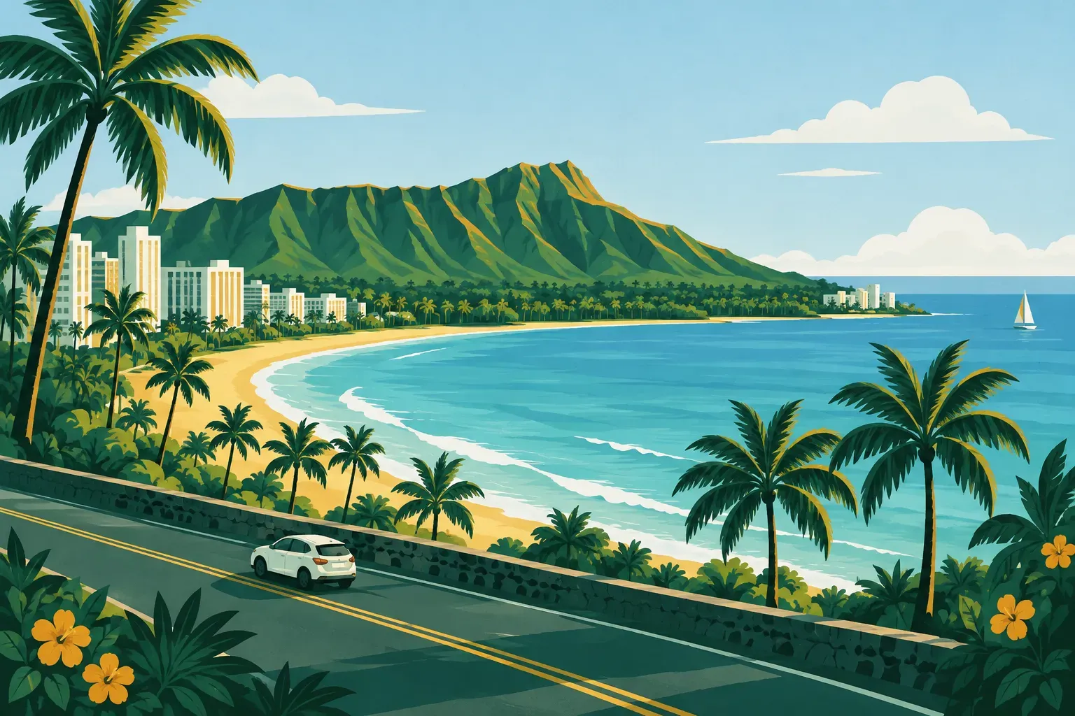 Diamond Head crater rising above Waikiki beach and palm trees, in Hawaii