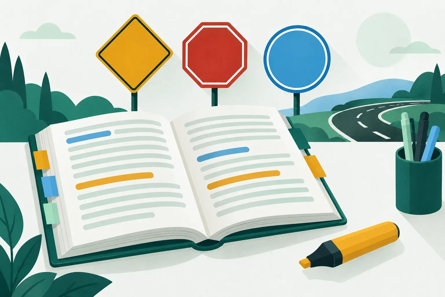 An open driver handbook with a highlighter and road sign shapes floating above it